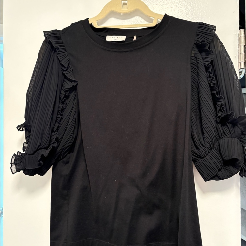 Sandro Black Long-Sleeve Tee with Pleated Puff Sleeves